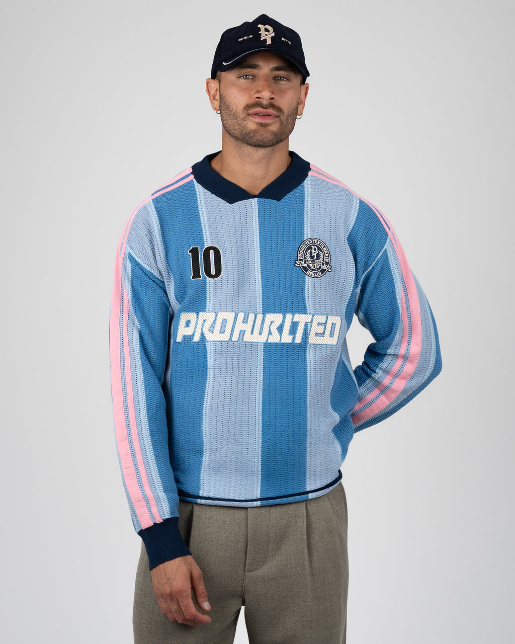 Prohibited: Striped Team Knit Trikot - Light Blue